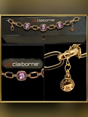 Liz Claiborne Purple Glass Cushion Cut Gemstones Adjustable Bracelet
